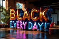 Glowing neon balloon letters spelling "Black Every Day" create vibrant reflections on dark floor, combining blue and orange colors in modern interior space.