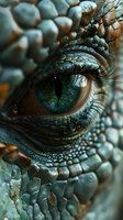 Macro view of turquoise dragon eye with detailed scales, intricate textures and patterns. Mystical creature concept with intense gaze and reptilian features.