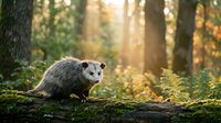 Adorable opossum sitting on moss-covered log in enchanted forest with golden sunlight filtering through trees creating magical woodland atmosphere.