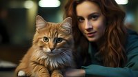 Young Caucasian woman with red hair in green sweater bonding with ginger long-haired cat at home. Soft bokeh background creates cozy atmosphere for pet photography.