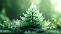 Translucent green leaf Christmas tree growing from moss with ferns in magical forest light creating eco-friendly holiday concept for sustainable celebrations.