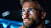 Young bearded Caucasian man with glasses looking up thoughtfully in modern office environment with blue lighting and bokeh background for business concepts.