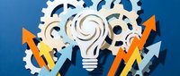 Lightbulb with gears and upward arrows on blue background symbolizing innovation, problem-solving, and business growth strategy for corporate presentations.
