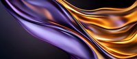 Luxurious gold and purple silk fabric waves creating elegant flowing curves and folds against dark background, abstract luxury design element for backgrounds.