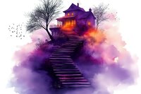 Mysterious haunted house on hilltop with winding staircase amid purple and orange watercolor fog effect, bare trees and flying birds creating spooky atmosphere.
