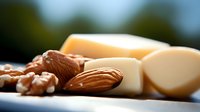 Mixed nuts almonds walnuts with cheese slices on plate, healthy snacking protein rich food ingredients for appetizer platter or charcuterie board preparation.