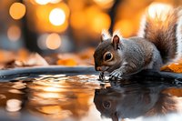 Grey squirrel drinking water from puddle at sunset with golden bokeh lights and autumn leaves, reflection in water surface creates mirror effect. Perfect for nature photography.