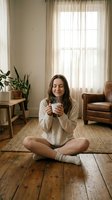 Young woman enjoying morning coffee in cozy living room sitting cross-legged on floor wearing comfortable sweater in natural sunlight.