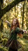 Young redhead woman dancing freely in enchanted moss-covered forest with golden sunlight filtering through trees creating magical bokeh atmosphere.