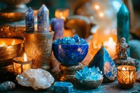Mystical arrangement with blue crystals, healing stones, and glowing candles in vintage brass bowls against dark background for spiritual practices and meditation.