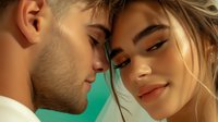 Young romantic couple in tender moment against turquoise background, close-up portrait of faces with gentle expressions and soft lighting, showing intimacy and connection.