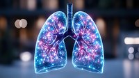 Glowing human lungs with luminescent blue and pink neural network pattern against dark background showing respiratory system anatomy and medical concept.