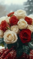 Fresh red and white roses bouquet with dark green leaves against soft winter background, romantic floral arrangement for weddings and celebrations.
