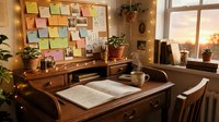 Warm-toned home office workspace with wooden desk, open notebook, colorful sticky notes on cork board, potted plants, and golden hour sunlight streaming through large window for creative work and productivity.