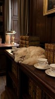Fluffy cream-colored cat resting on wooden desk in classic library setting with antique books, vintage lamp, teacup, and dark wood paneling for literary and cozy home decor themes.