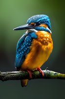 Vibrant kingfisher with striking blue and orange plumage perched on branch against blurred green background, showcasing detailed feathers and sharp beak.