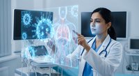 Female doctor analyzing holographic virus model and human anatomy in modern medical laboratory for healthcare research and diagnostic technology applications.