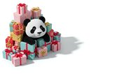 Cute panda character surrounded by colorful gift boxes and presents on white background, isolated design element for holiday greeting cards, packaging, and festive marketing materials.