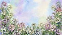 Watercolor floral border with delicate wildflowers and soft pastel background. Spring botanical frame with white and pink blooms on dreamy gradient sky.