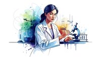 Female scientist in white lab coat conducting research with microscope and laboratory equipment in modern scientific workspace.