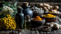 Aromatic spices, essential oils and herbs arranged on rustic wooden table for natural medicine, cooking and wellness applications.