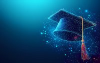 Digital graduation cap with red tassel created from glowing lines and dots on deep blue background. Abstract polygonal design with luminous particles.