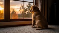Golden retriever puppy sitting by window watching sunset through glass panes in cozy home interior with warm lighting and peaceful atmosphere.