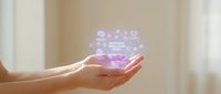 Hands holding glowing holographic healthcare icons with medical symbols, telemedicine concept for digital health technology and remote patient care services.