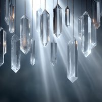 Hanging crystal prisms suspended on chains create ethereal light display with dramatic rays and shadows for luxury interior design and meditation spaces.