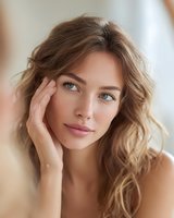 Young Caucasian woman with wavy blonde hair touching face in natural light portrait for skincare and beauty wellness lifestyle concepts.