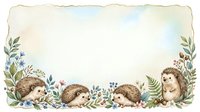 Watercolor hedgehogs with botanical floral border frame on textured paper background for greeting cards, invitations and nursery decor projects.