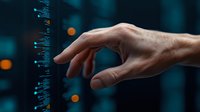 Male hand reaching towards digital data visualization elements against dark background with bokeh lights, representing technology interaction and digital transformation.