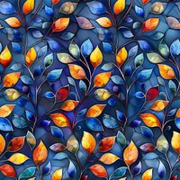Seamless floral pattern with vibrant autumn leaves in blue and orange tones, featuring stained glass style design. Repeating botanical motif for fabric and wallpaper.