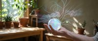 Hand holding glowing orb with swirling light trails in cozy indoor garden setting with potted plants and natural sunlight streaming through window.