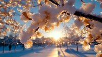 Sunlight bursts through snow-covered cherry blossom branches on winter morning, creating magical bokeh effect with golden hour glow and crystalline frost details.
