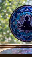 Stained glass meditation mandala with Buddha silhouette in lotus pose hanging by window, featuring intricate blue and purple geometric patterns for spiritual decor.
