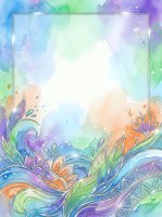 Colorful watercolor floral frame with ornate botanical patterns, pastel purple, green, blue and orange tones, glowing accents, and white copy space center.