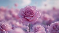 Delicate pink rose in soft focus against dreamy pastel background with multiple blurred roses creating romantic, ethereal garden atmosphere. Perfect for valentines designs.