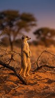 Meerkat standing alert on sandy ground with thorny branches during golden hour sunset in African savanna landscape with acacia trees in background.
