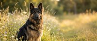 German Shepherd dog sitting in golden sunlit meadow with warm bokeh background, loyal canine companion in natural outdoor setting during golden hour.