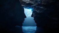 Silhouettes of two faces formed by rock formations in a mystical sea cave with moonlight streaming through, creating romantic atmosphere against blue waters.