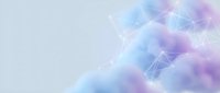 Soft pastel blue and purple clouds with glowing geometric network lines on a light background, evoking digital technology and cloud computing concepts.