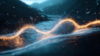 Glowing energy wave flows over dark water surface with magical light particles and sparkles creating mystical atmosphere. Suitable for technology backgrounds.