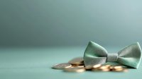 Elegant mint green bow tie with scattered gold coins on soft blurred background. Minimalist composition for financial success and formal events concept.