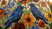 Stained glass style artwork featuring two blue ravens perched among vibrant sunflowers and wildflowers with colorful geometric patterns and warm lighting.