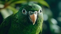 Close up portrait of green mealy amazon parrot with curious expression and distinctive hooked beak against natural blurred background.