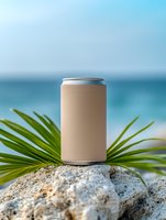 Beige aluminum beverage can on tropical rock with palm leaves against turquoise ocean background for summer drink branding and packaging design concepts.