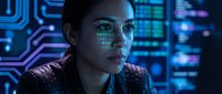 Young woman with digital data overlay on face, surrounded by glowing blue circuit patterns and code, representing cybersecurity, artificial intelligence, and technology innovation.