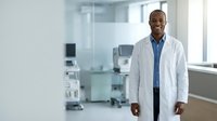 Confident African American male doctor in white coat smiling in modern medical office with equipment. Professional healthcare physician portrait for medical marketing.