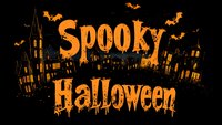 Orange dripping text saying Spooky Halloween against dark cityscape silhouette with flying bats, gothic architecture and haunted houses creating eerie atmosphere.